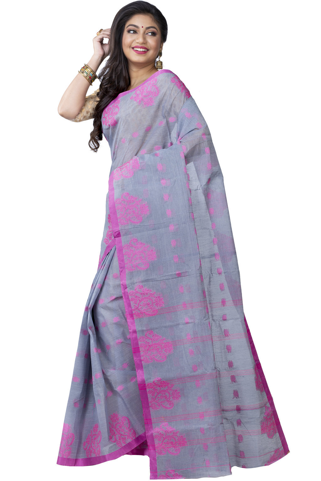 Grey Pure Cotton Botgach Tant Saree (537)